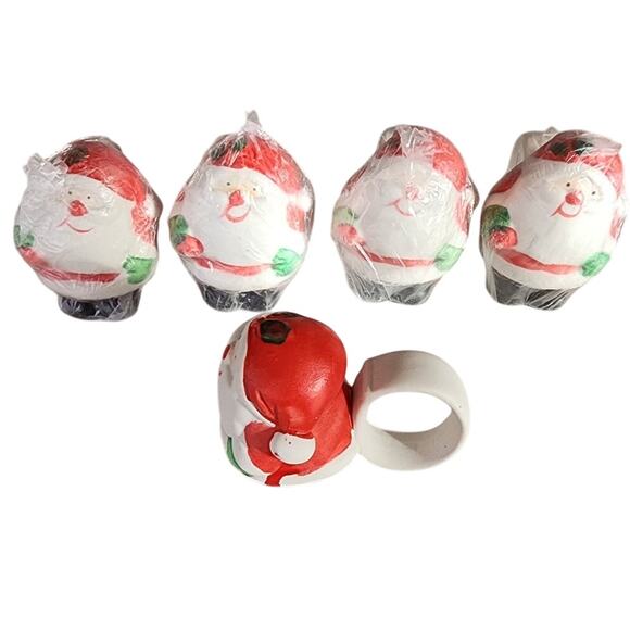 Vintage Set of 5 Santa Ceramic Christmas Napkin Ring Holder Hand Painted - Picture 3 of 4